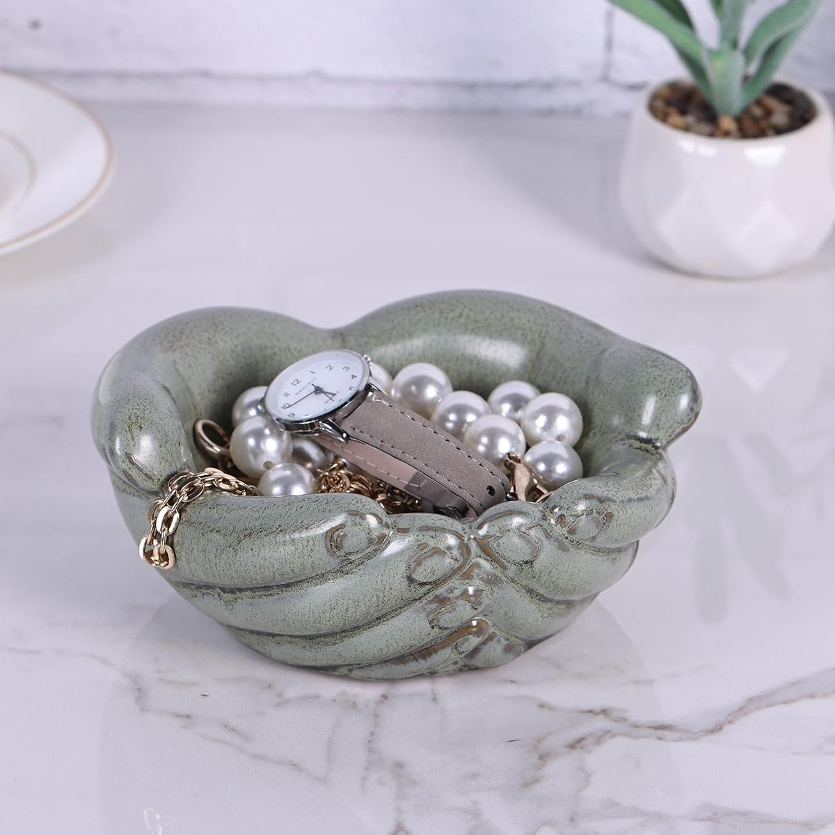 orenm Ceramic Hands Bowl Dish Sculpture, Offering Hands Dish Candy Holder,for Succulent Planter, Crystal Rock Holder, Office, Keys Bowl for Entryway Table（Green ）