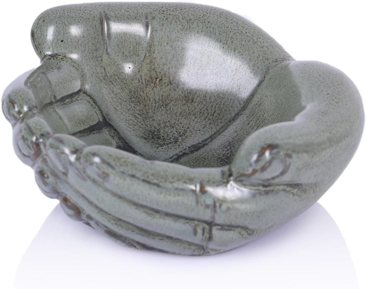orenm Ceramic Hands Bowl Dish Sculpture, Offering Hands Dish Candy Holder,for Succulent Planter, Crystal Rock Holder, Office, Keys Bowl for Entryway Table（Green ）