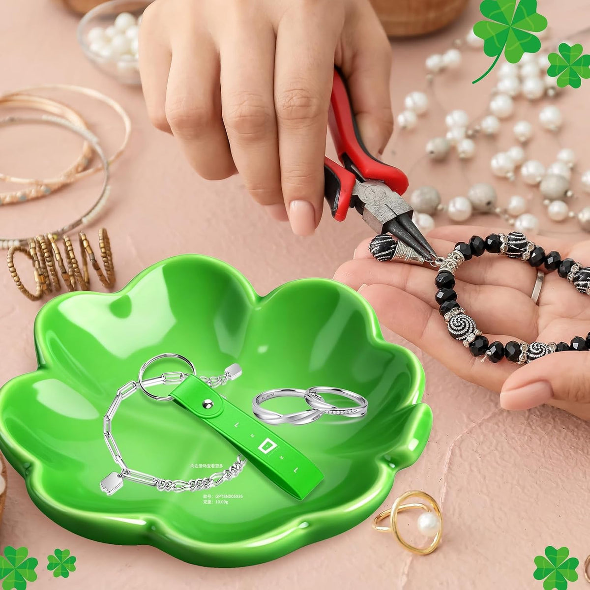 St. Patrick's Day Four-Leaf Clovers Ceramic Tray St. Patrick's Day Green Leaf Ring Dish for Irish Shamrock Accessories Irish Festival Party Supplies