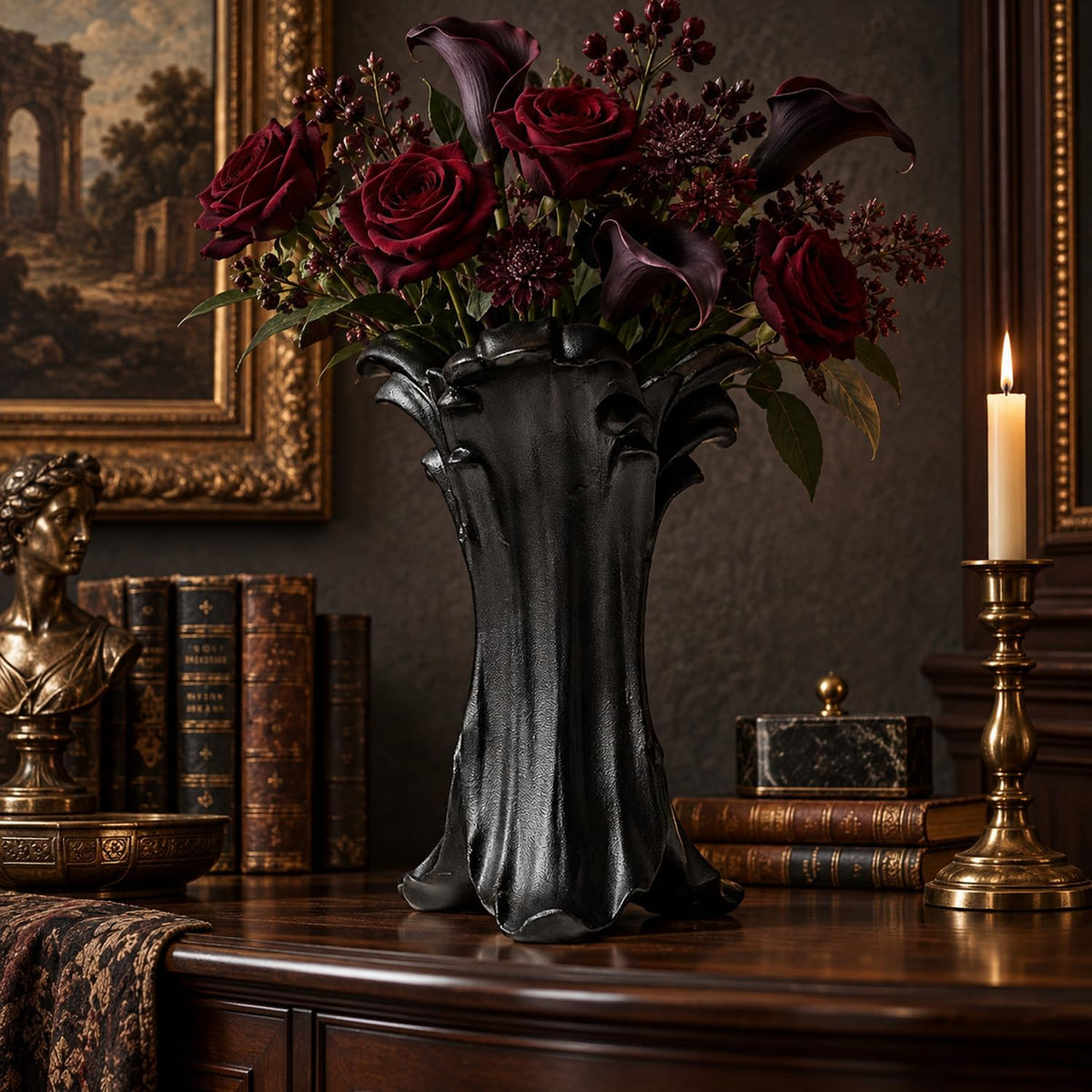 Gothic Ceramic Vase, Matte Black Flower Vase for Dark Academia Decor