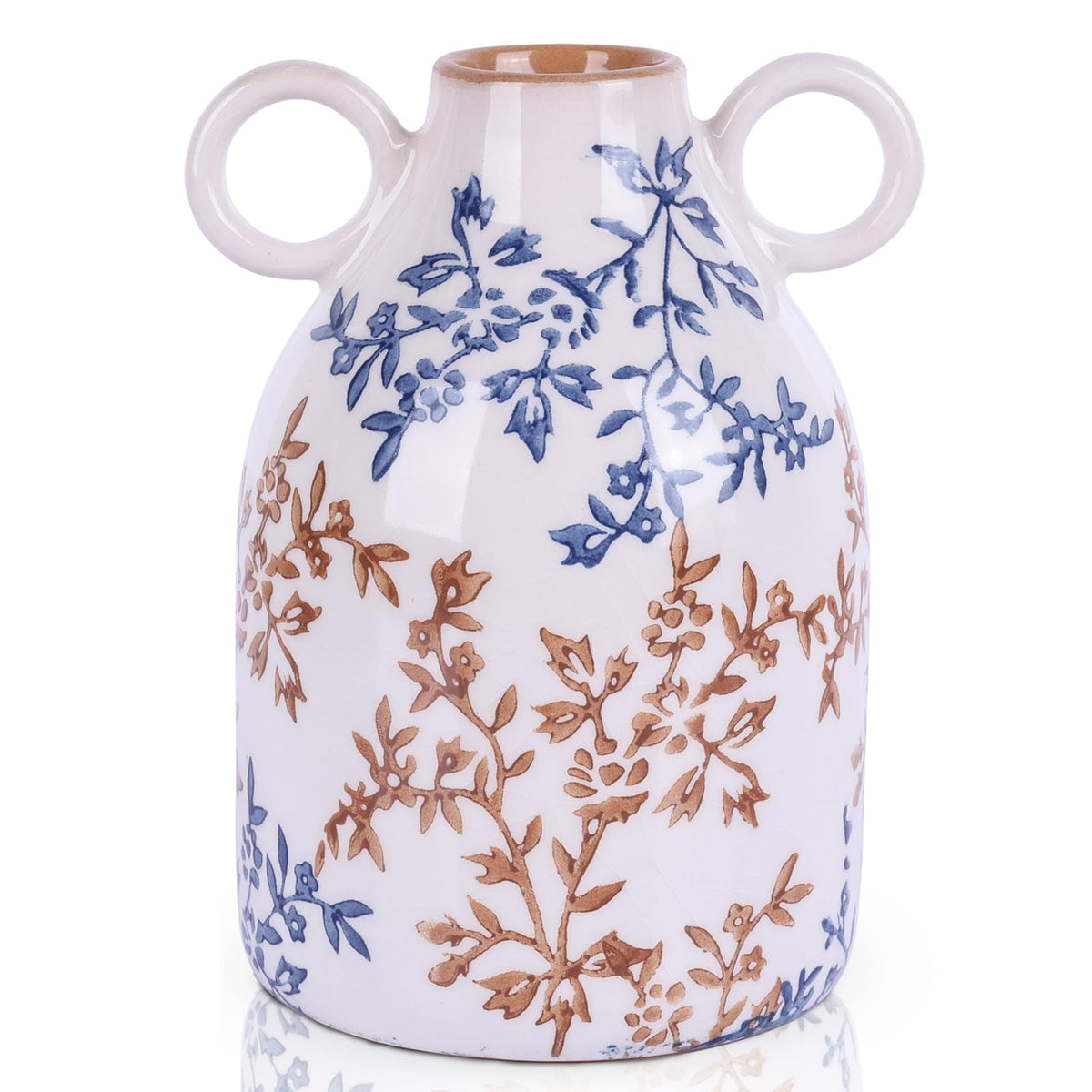 Blue and White Ceramic Vase with Handle, Nordic Boho Small Vases Side Table Flower Centerpiece, Wide Mouth Single Flower Vase Pampas Grass Decorative - for Home Window Sill Living Dining Room Kitchen