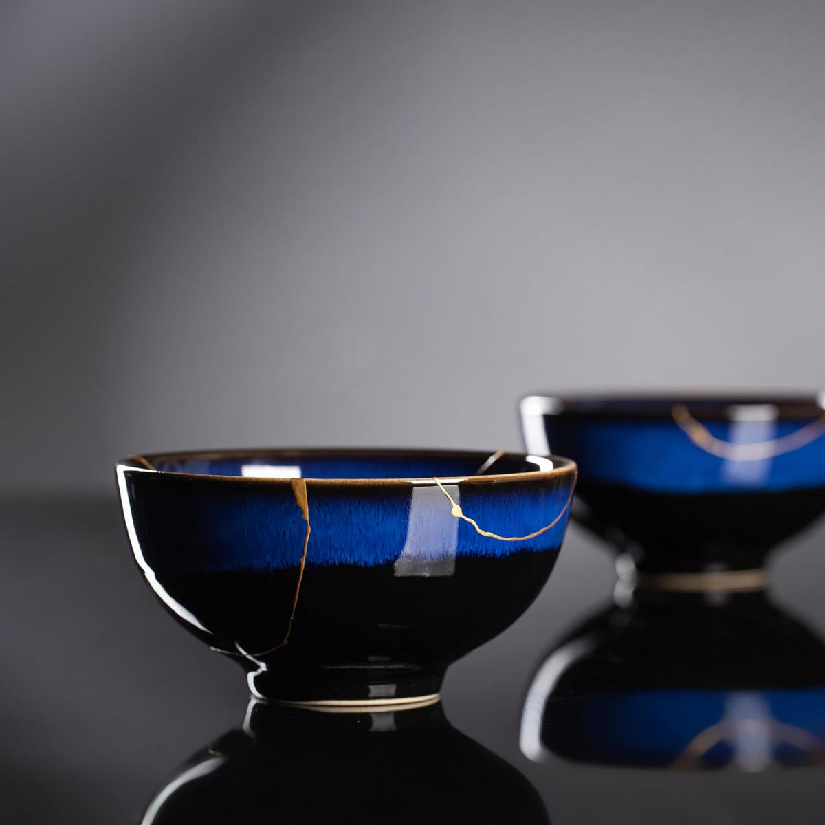 Kintsugi Bowl with 24K Gold, Handmade Blue Ceramic Wabi Sabi