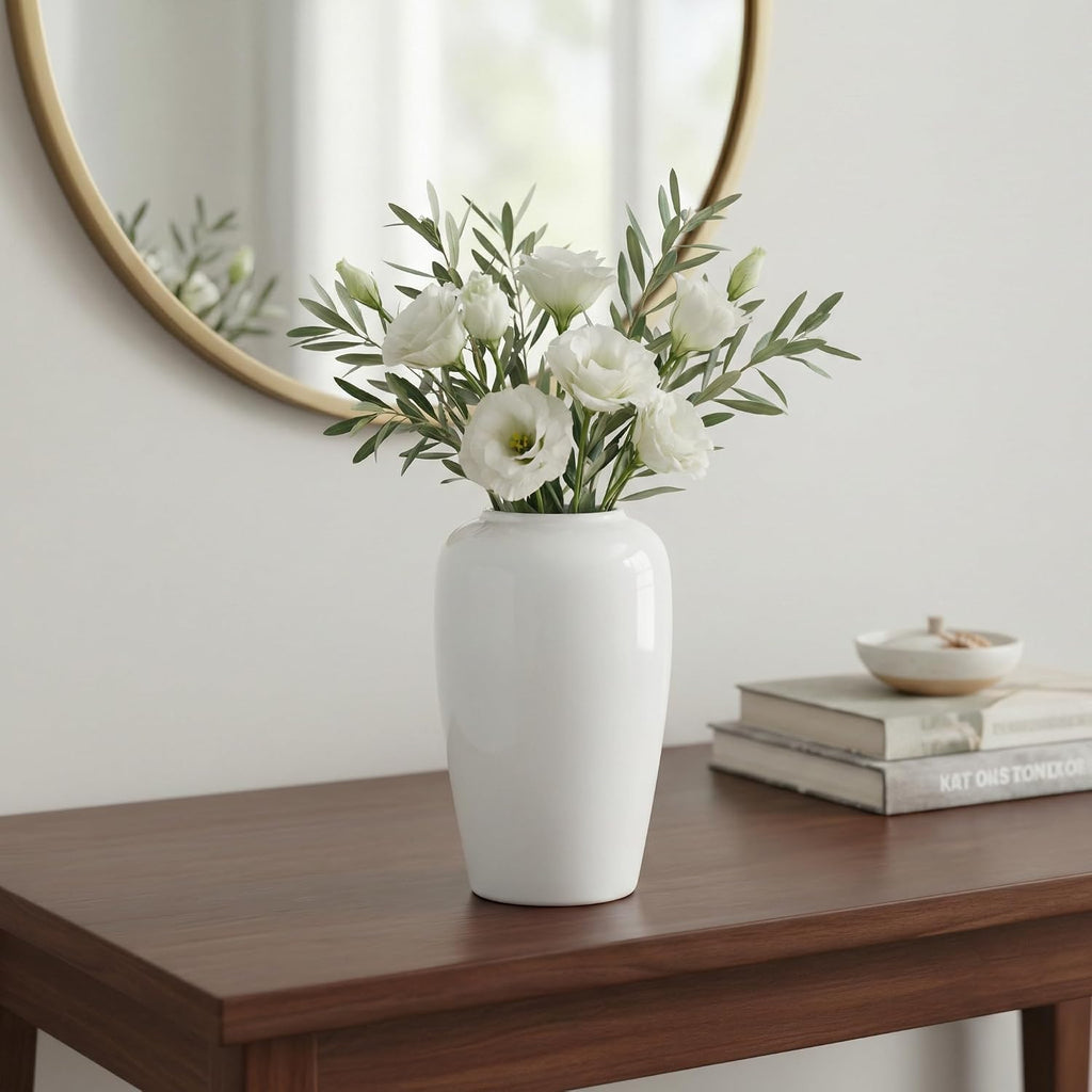 White Ceramic Vase for Centerpiece, 8 Inch Modern Vases Home Decor, Decorative Flower Vase for Pampas Grass, Coffee Table Living Room Small Shelf Kitchen Decor