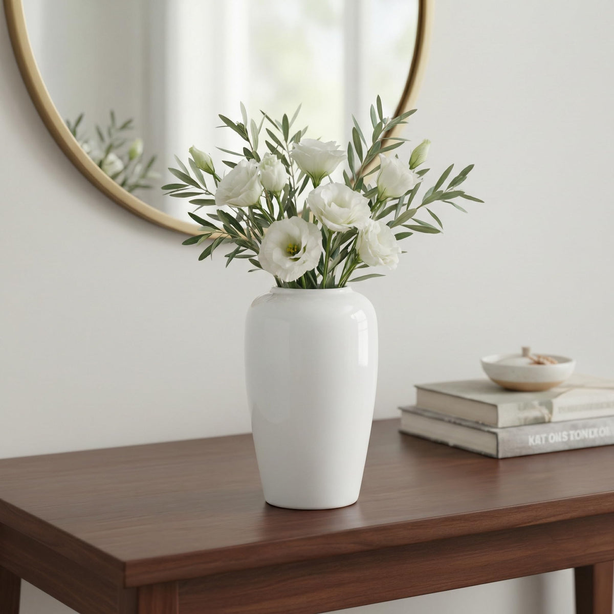 White Ceramic Vase for Centerpiece, 8 Inch Modern Vases Home Decor, Decorative Flower Vase for Pampas Grass, Coffee Table Living Room Small Shelf Kitchen Decor
