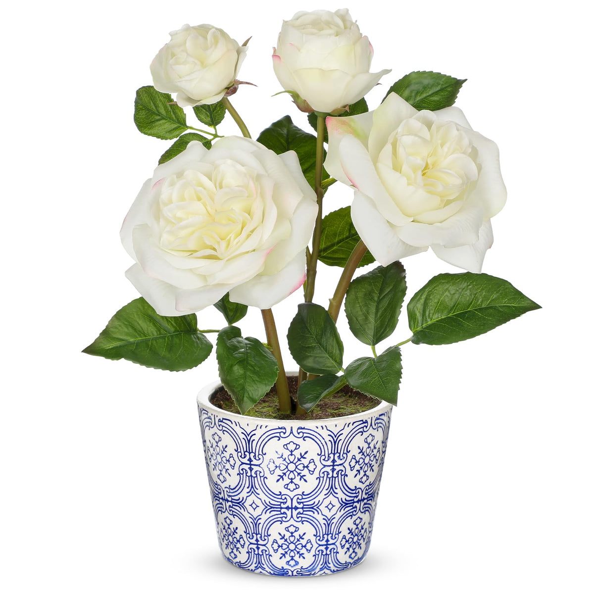 Hollyone Artificial Plants & Flowers in Vase Pink Roses Artificial Flowers Potted Plant Faux Silk Flower with Pot Fake Rose Flower Arrangement Home Decor Office Bathroom Shelf Desk Decoration 15 Inch