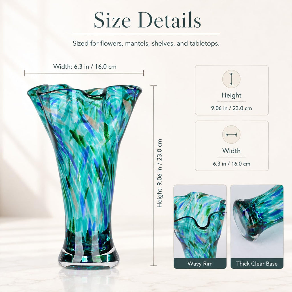 LCCCK 9.0" H Teal Glass Vases for Flower, Unique Hand Blown Glass Vase