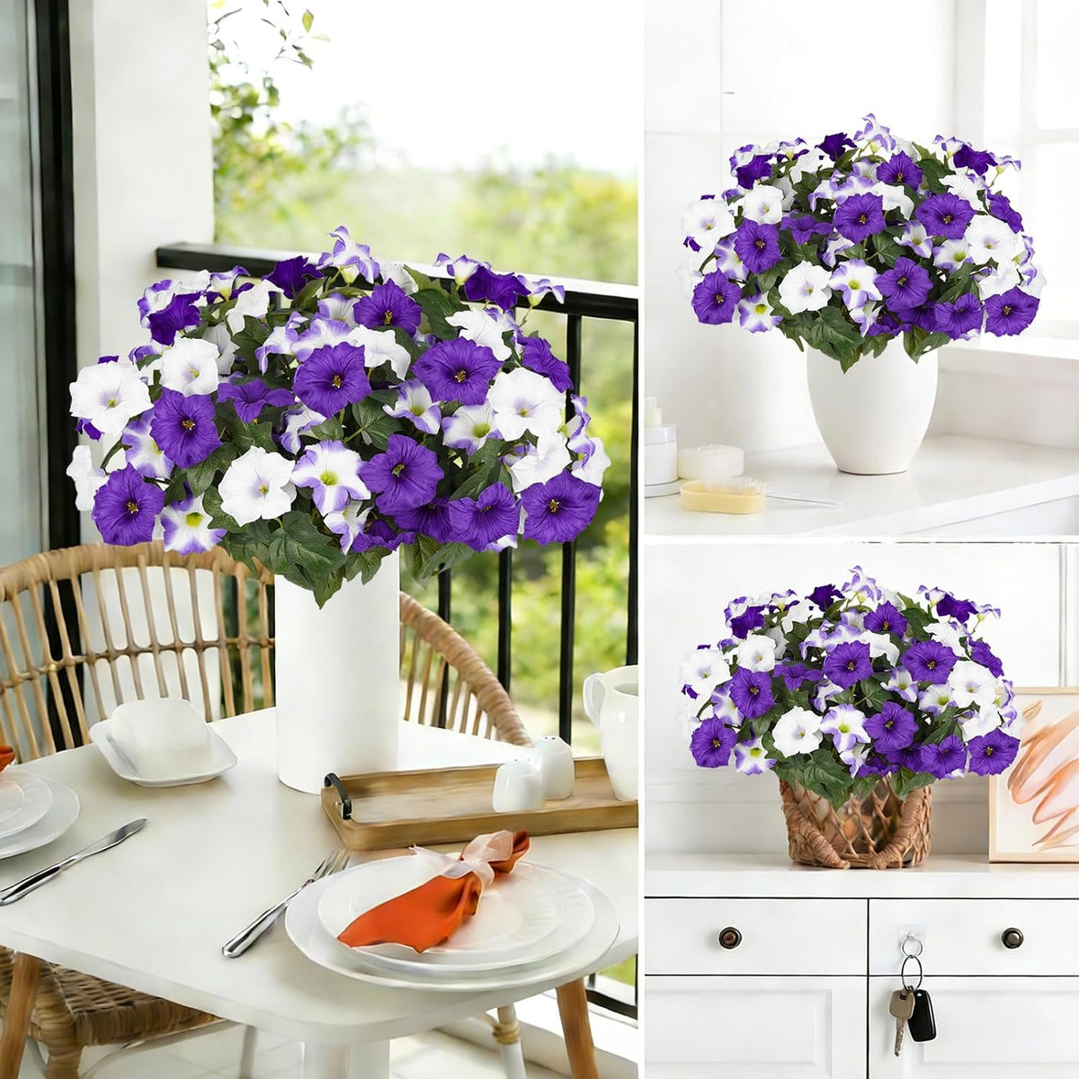 Artificial Flowers for Outdoors, Faux Morning Glory Spring Summer Decoration, Fake Flowers Plants UV Resistant Look Real Silk Flowers for Outside Planter Front Door Porch Patio Yard (12, Purple-White)