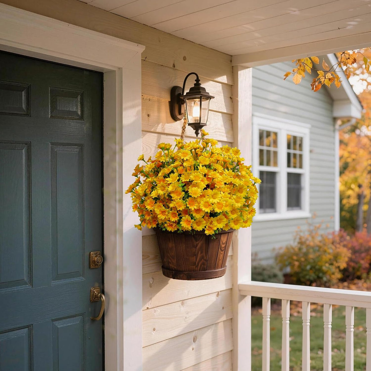 alyptus Fake Flowers Yellow Fall Flowers for Outdoors - 8 Bundles Artificial Mums UV Resistant for Home Garden Window Fall Decor