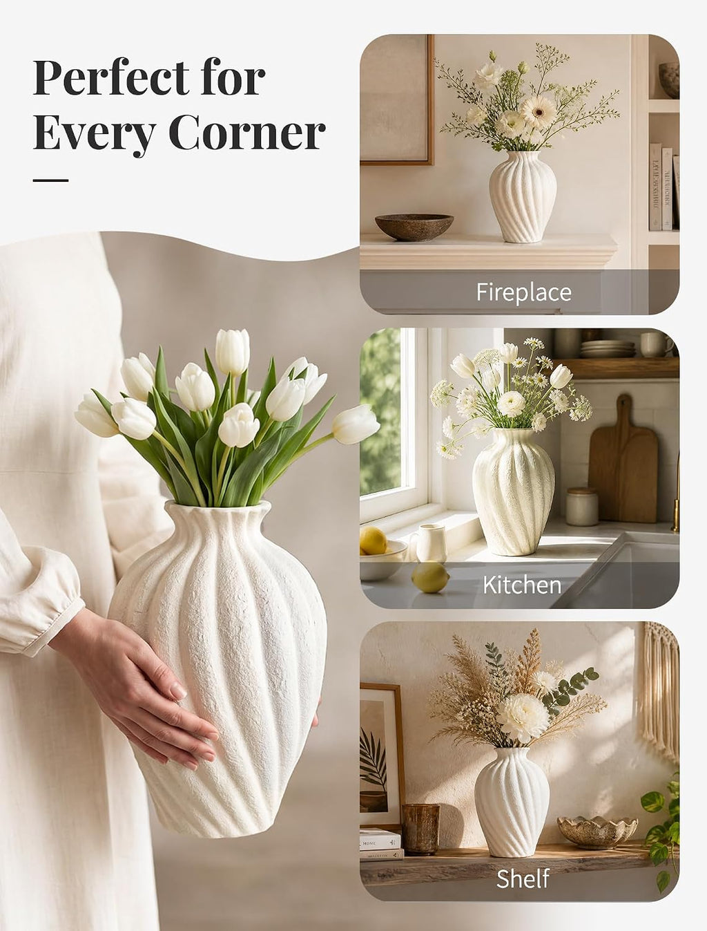 NUPTIO Ceramic Vase Living Room: 10.4" White Farmhouse Home Decor Table