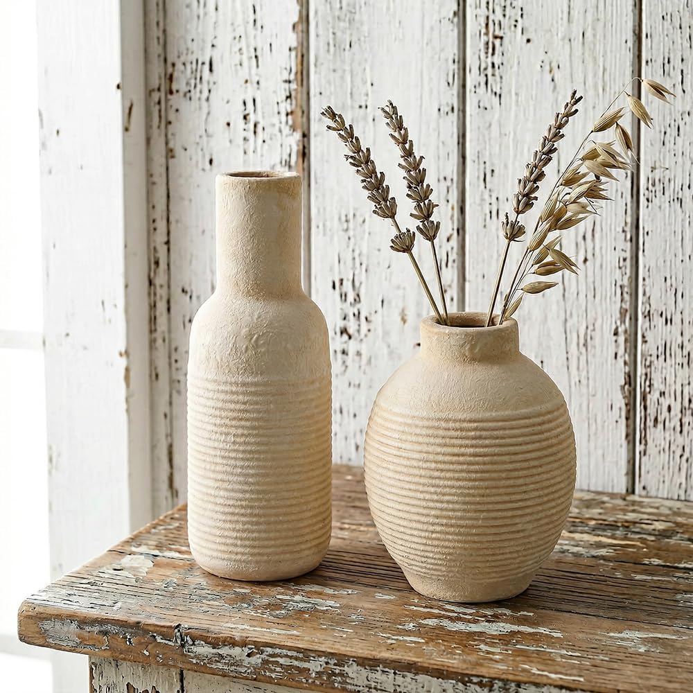 Rustic Farmhouse Vase Set of 3 - Ceramic Decorative Vases Home Decor - Pampas Grass Dried Fresh Flowers - for Centerpiece, Table, Mantel Entryway, Kitchen, Bedroom (White2)