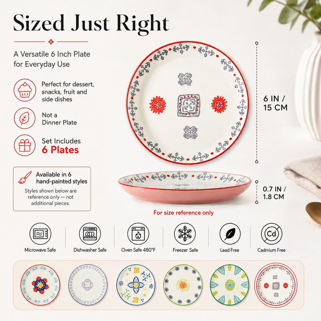 UniqueLife CINAIMPRESSION Hand Painted Ceramic Plates Set of 6, 6 Inch Mixed Design Dessert Plates
