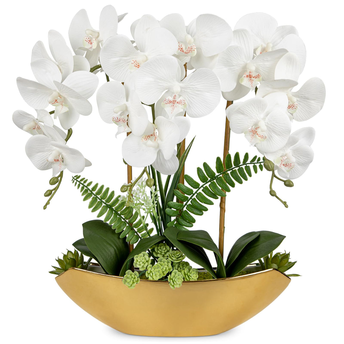 Briful Orchid Artificial Flowers 18in White Fake Orchid Silk Flowers with Ceramic Pot Faux Orchid Arrangement for Home Office Room Coffee Table Centerpiece Modern Decoration