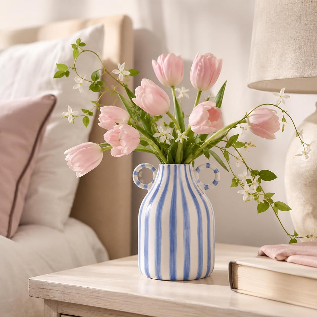 Blue and White Ceramic Vase with Handle, Nordic Boho Small Vases Side Table Flower Centerpiece, Wide Mouth Single Flower Vase Pampas Grass Decorative - for Home Window Sill Living Dining Room Kitchen