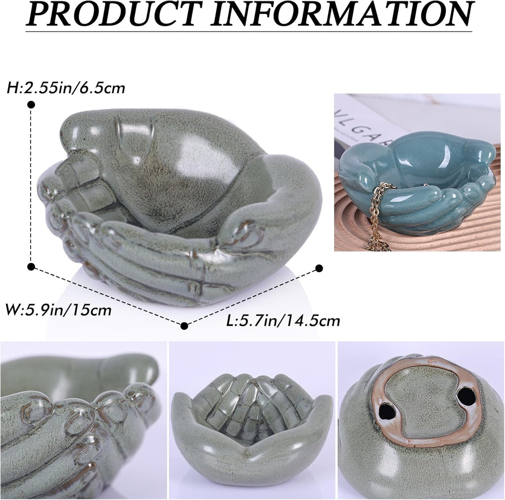 orenm Ceramic Hands Bowl Dish Sculpture, Offering Hands Dish Candy Holder,for Succulent Planter, Crystal Rock Holder, Office, Keys Bowl for Entryway Table（Green ）