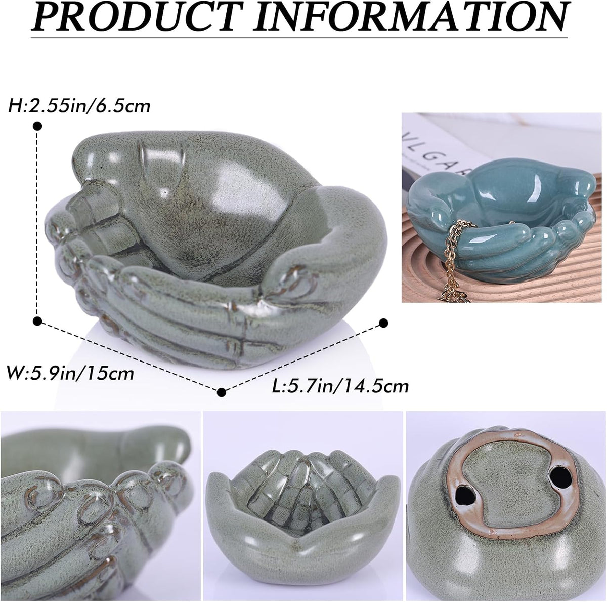 orenm Ceramic Hands Bowl Dish Sculpture, Offering Hands Dish Candy Holder,for Succulent Planter, Crystal Rock Holder, Office, Keys Bowl for Entryway Table（Green ）
