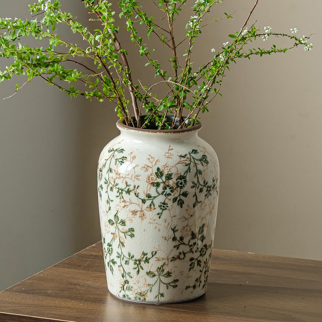 Ceramic Flower Vase for Home Decor, Vintage Green Decorative Vase 6.7 Inch