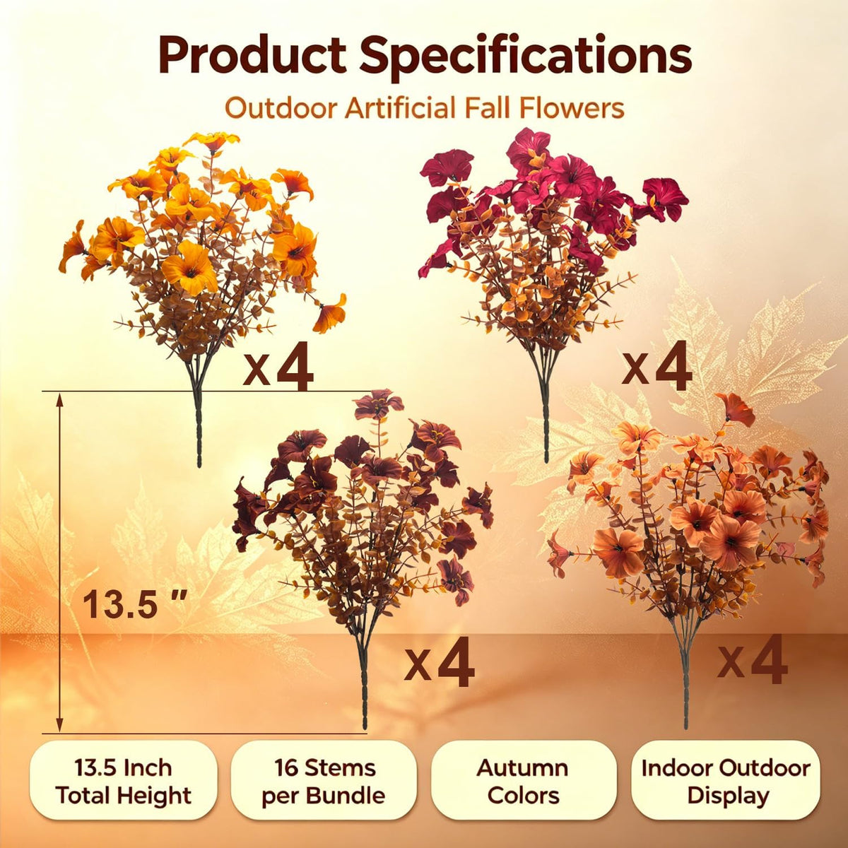 16 PCS Fall Artificial Flowers for Outdoors UV Resistant Faux Petunias