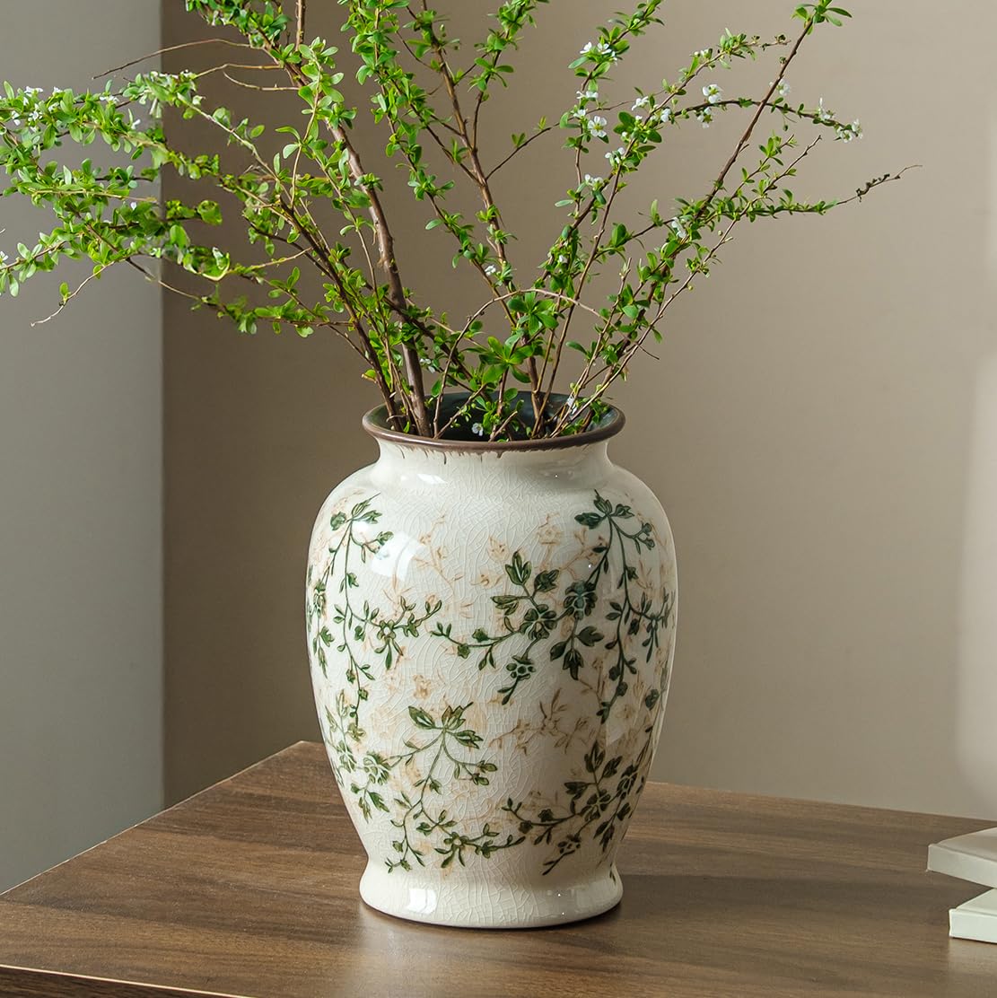 Ceramic Flower Vase for Home Decor, Vintage Green Decorative Vase 6.7 Inch