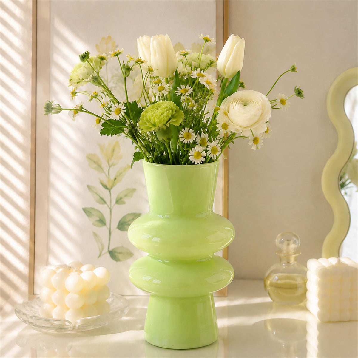 JSPYFITS Glass Hydroponic Flower Vase, 7 Inches Colored Bubble Vase for Flowers, Three-Layer Funky Vase for Home/Office/Weddings/Party Table Flowers Decor, Milky Green