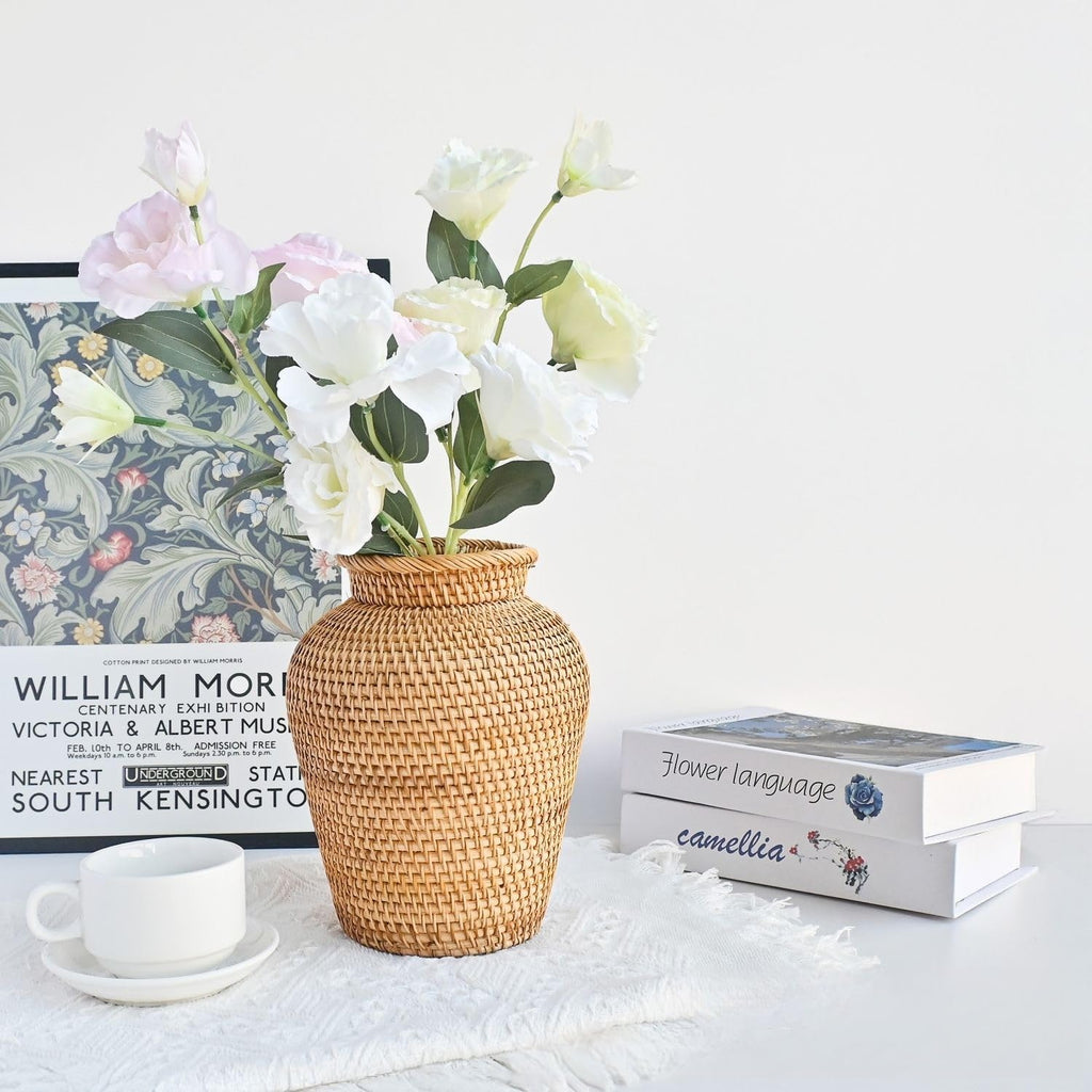Small Rattan Vase, 7.9" High Hand Woven Wicker Flower Vase for Home Decor