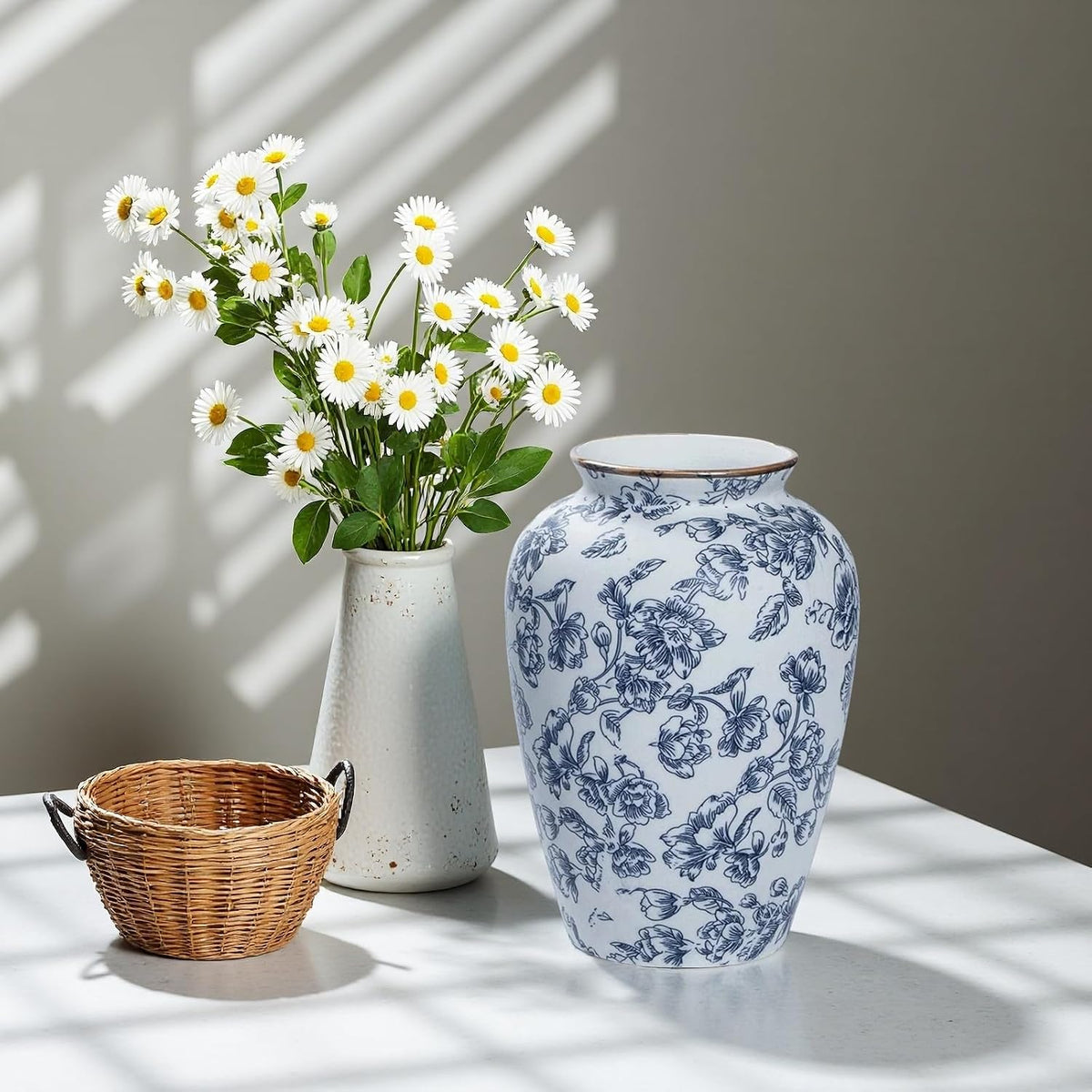 Blue and White Chinoiserie vase - Vintage Ceramic vase with Antique Design, Perfect for Chinoiserie Home Decor 9in Flower vase04