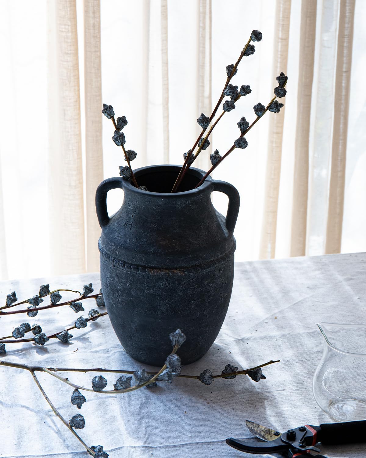9" Vintage Ceramic Vase with Handles, Rustic Farmhouse Home Decor