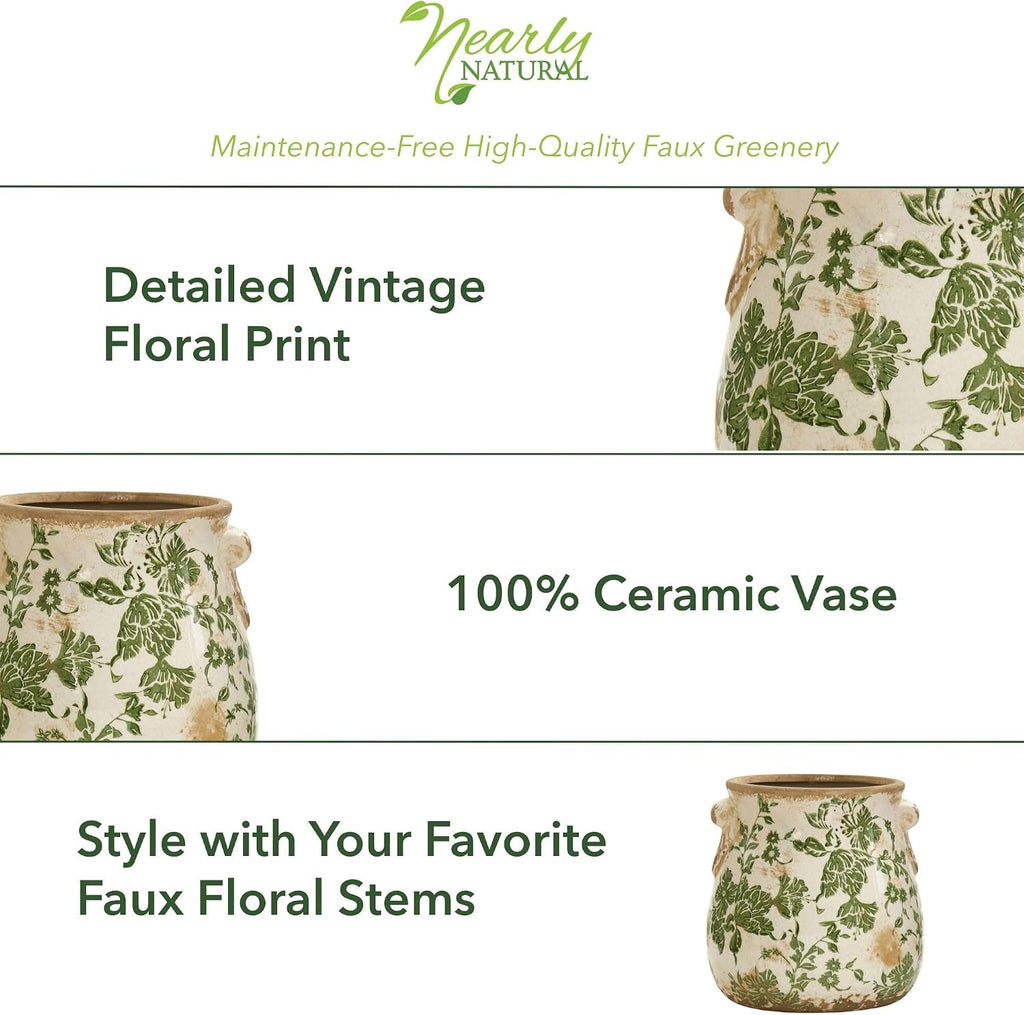 Nearly Natural 6.5 in Tuscan Ceramic Green Floral Scroll Decorative Vase