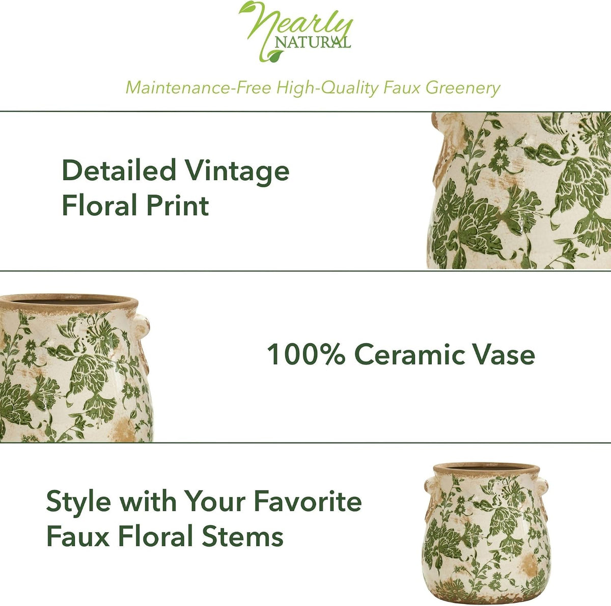 Nearly Natural 6.5 in Tuscan Ceramic Green Floral Scroll Decorative Vase