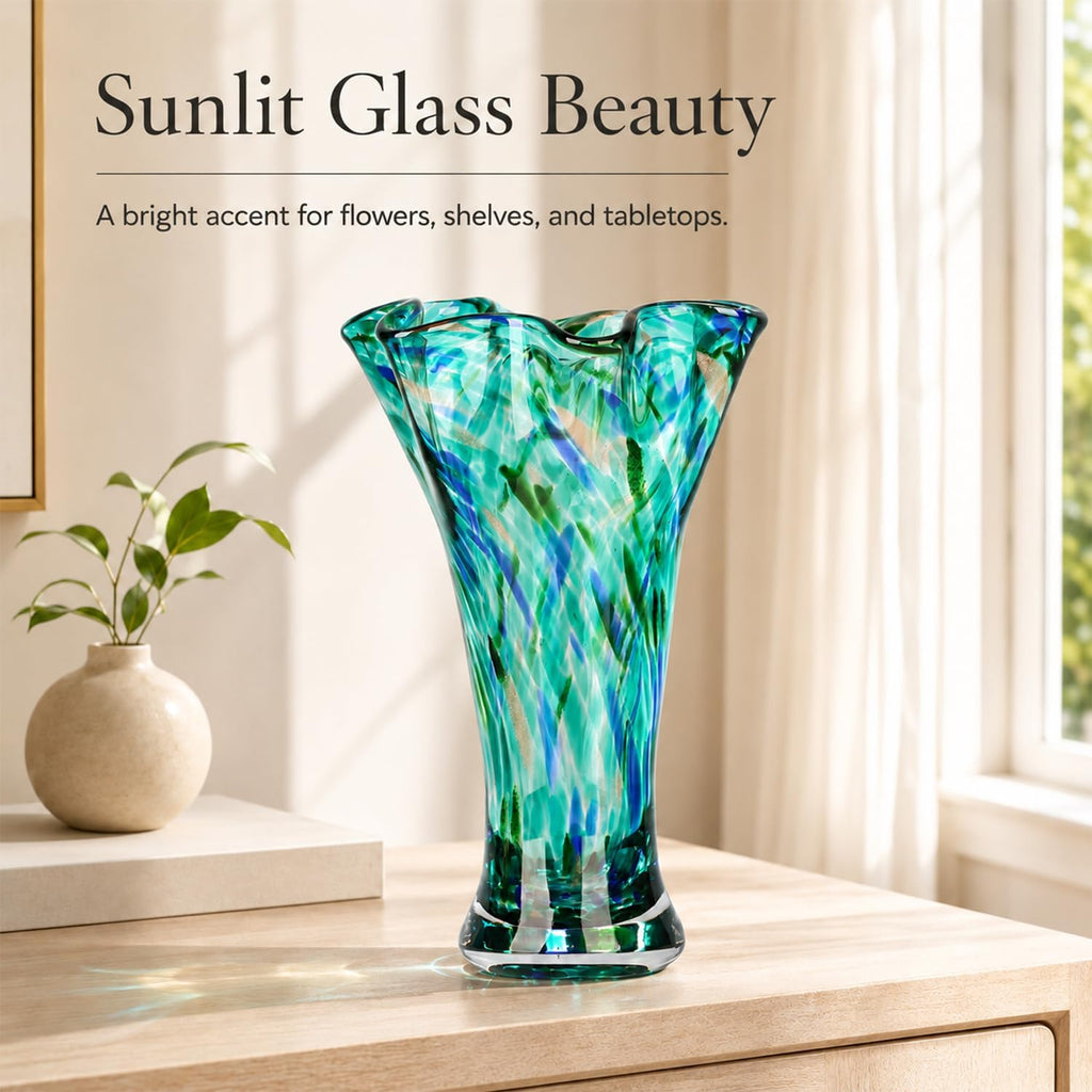 LCCCK 9.0" H Teal Glass Vases for Flower, Unique Hand Blown Glass Vase