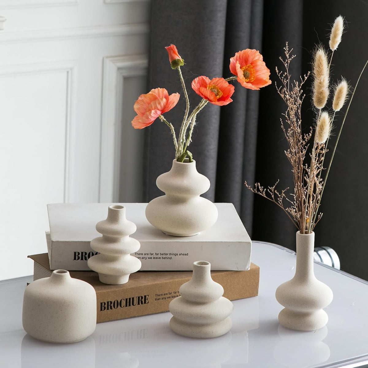 JOJUNO White Bud Vases, Small Ceramic Vase Set of 5 Modern Home Decor