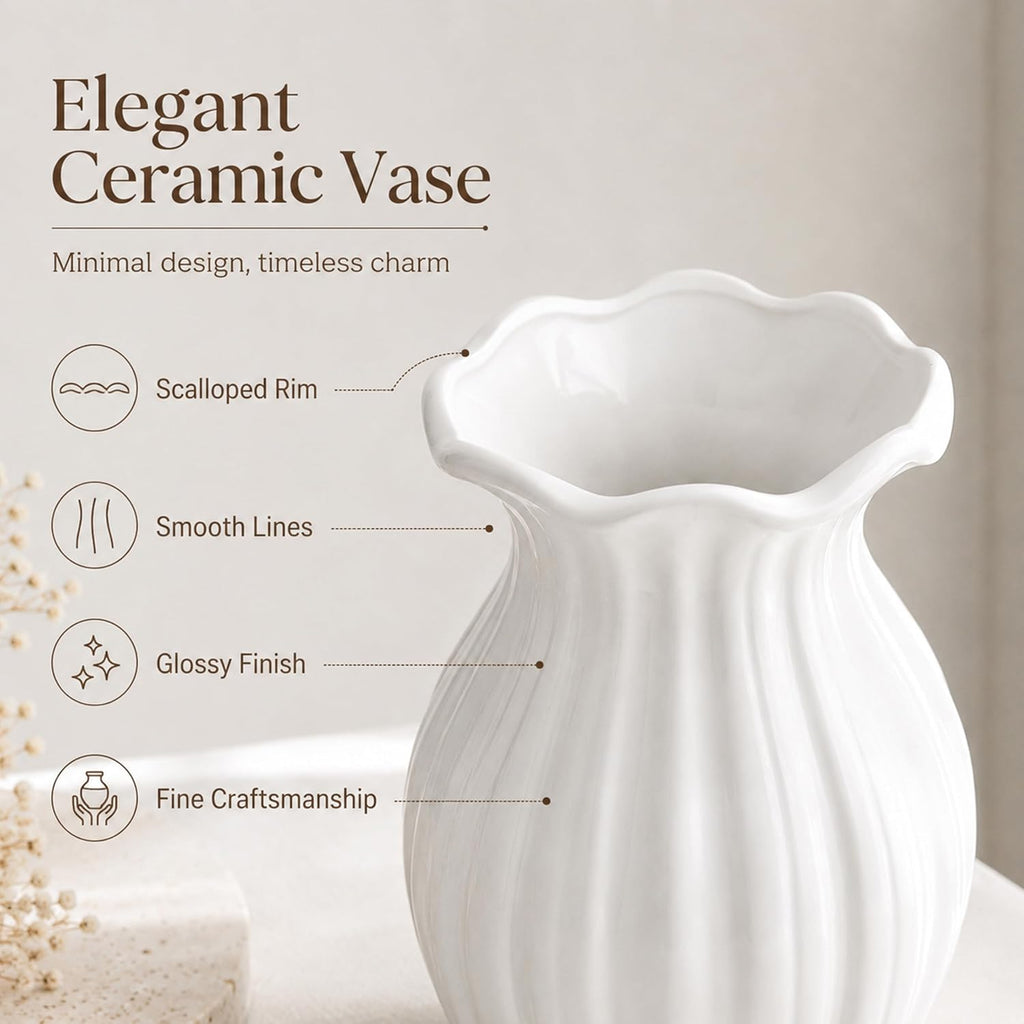 White Ceramic Vase, 7.8 Inch Farmhouse Flower Vase for Home Decor