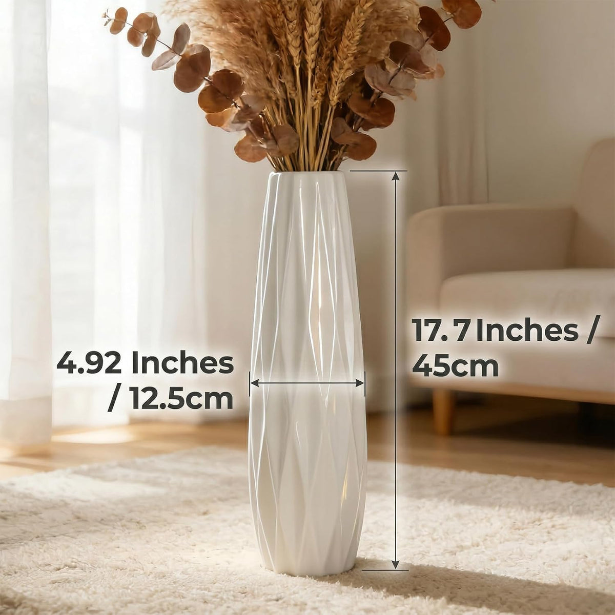 Large White Ceramic Vase, 17.7" Tall Floor Vase for Pampas Grass