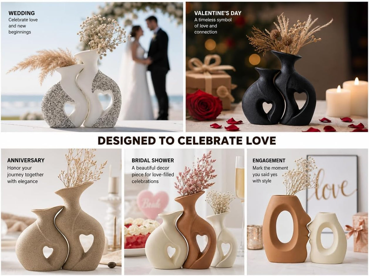 Ceramic Vase Set of 2, Heart Vases for Home Decor, Wedding Gift for Couples