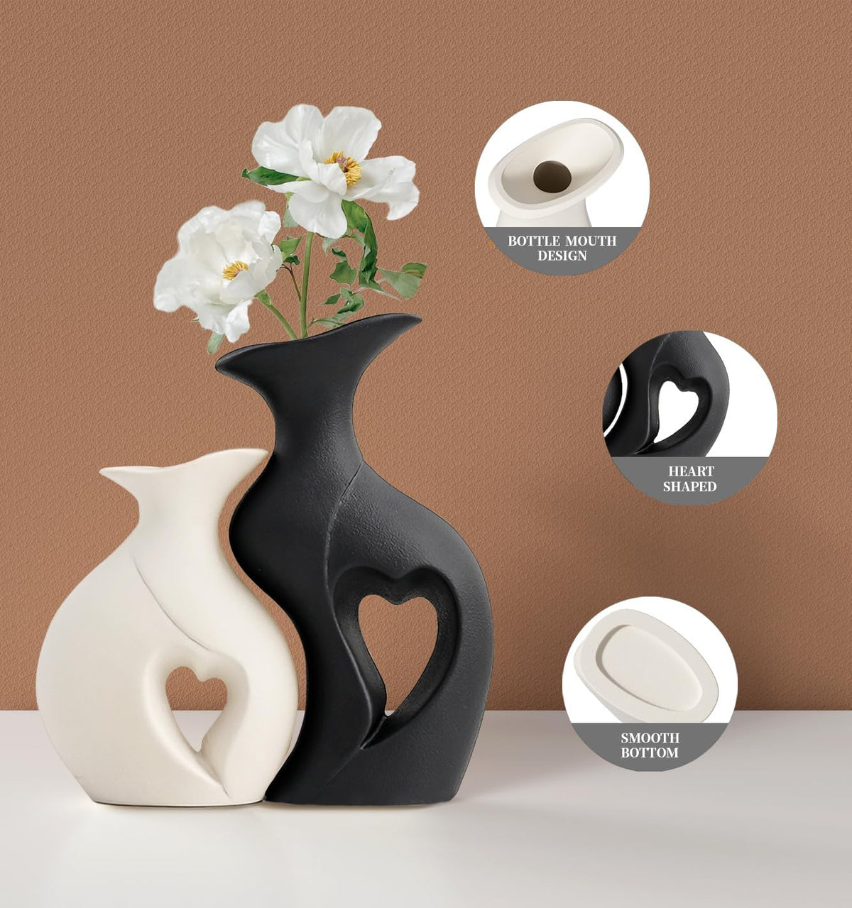 Black and White Vases Home Decor Heart Shape Ceramic Vase Set of 2