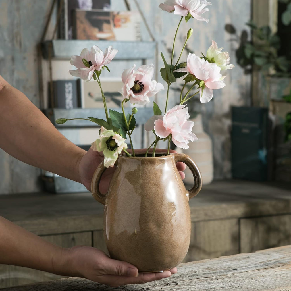 Tanvecle Brown Ceramic Vase with Handles, 7" Modern Farmhouse Decor