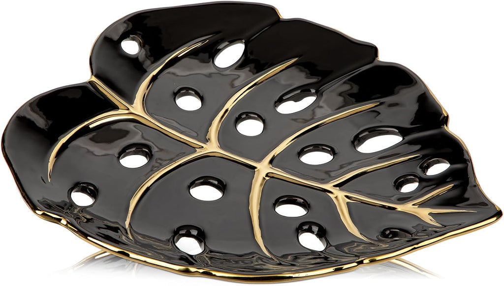 Ceramic Leaf Shaped Decorative Tray, Black Gold Monstera Leaf Plate 12.6"x11" for Jewelry, Keys, Snack, Candle Holder, Modern Table Centerpiece Home Decor