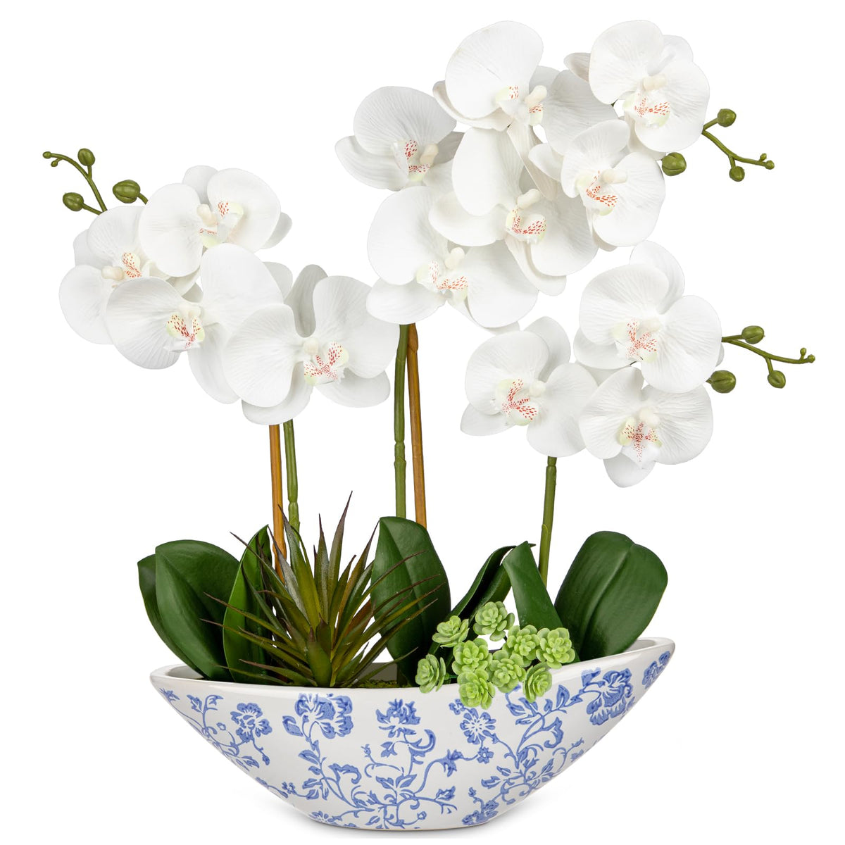 Briful Orchid Artificial Flowers 18in White Fake Orchid Silk Flowers with Ceramic Pot Faux Orchid Arrangement for Home Office Room Coffee Table Centerpiece Modern Decoration