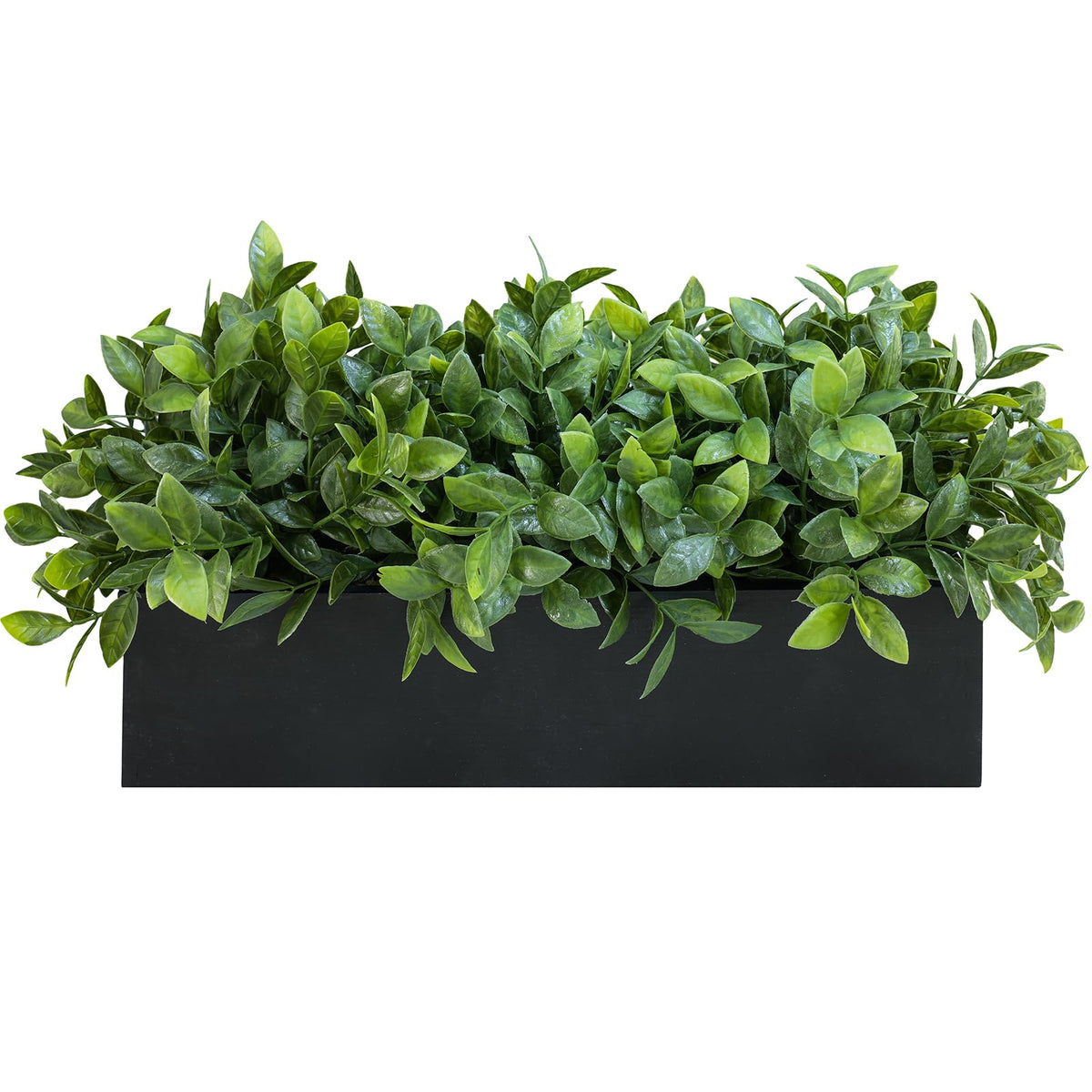 Winlyn 14" Artificial Boxwood Plant Greenery Arrangement Faux Boxwood in Black Rectangular Wooden Planter Potted Herb Plant for Farmhouse Home Decor Wedding Windowsill Mantel Shelf Table Centerpiece
