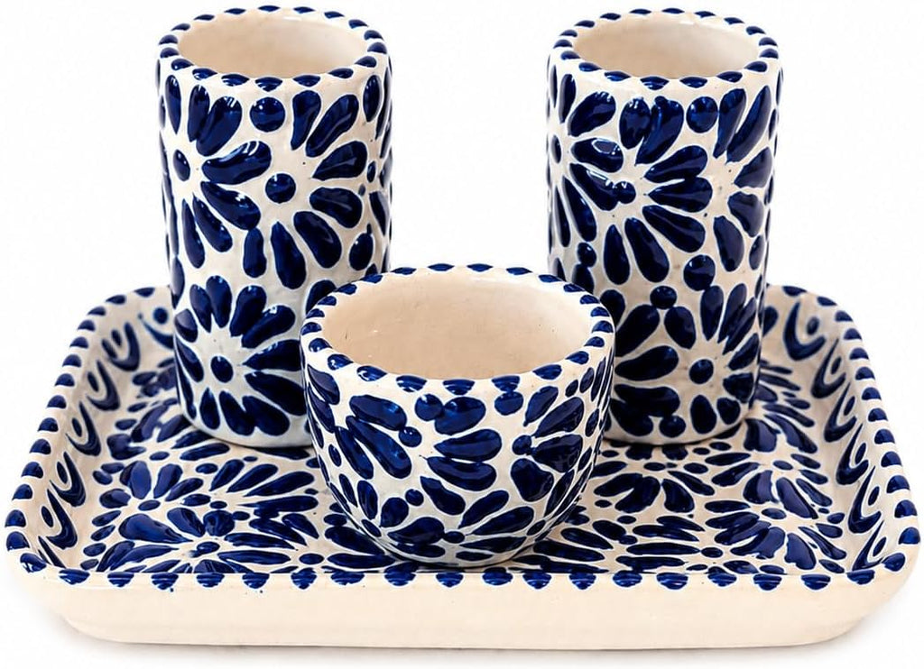 Handmade Mexican Talavera Artisan Decorative Set – 4-Piece Ceramic Ritual Bundle with Plate, 2 Caballito Style Cups & Mezcalero Bowl, Traditional Puebla Pottery, Rustic Bar Display Gift