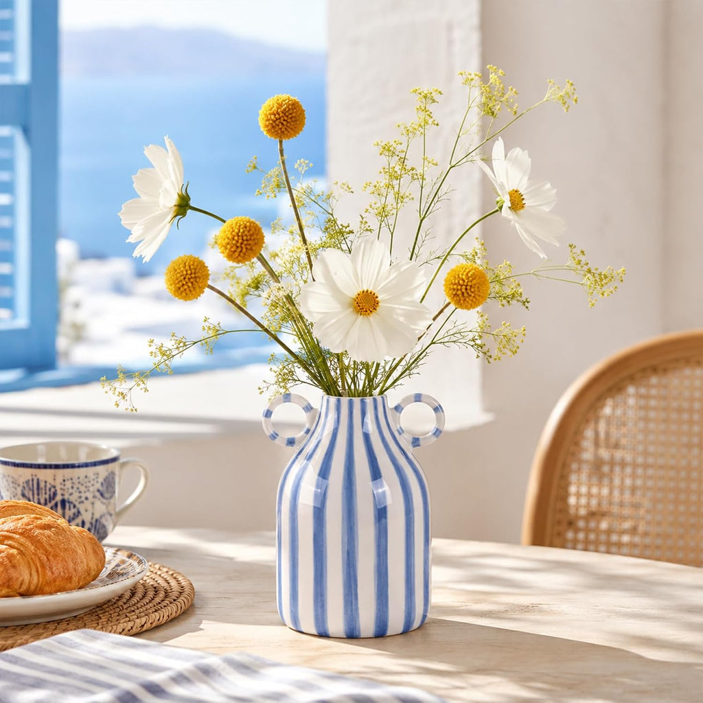 Blue and White Ceramic Vase with Handle, Nordic Boho Small Vases Side Table Flower Centerpiece, Wide Mouth Single Flower Vase Pampas Grass Decorative - for Home Window Sill Living Dining Room Kitchen