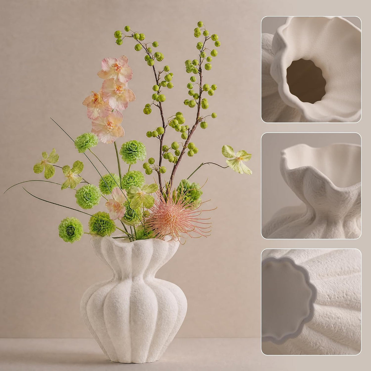 Sylve Ceramic Flower Vase Home Decor, 8.27 Inch White Textured Flower Shaped Vase, Handmade Modern Minimalist Decor for Table Centerpiece Living Room