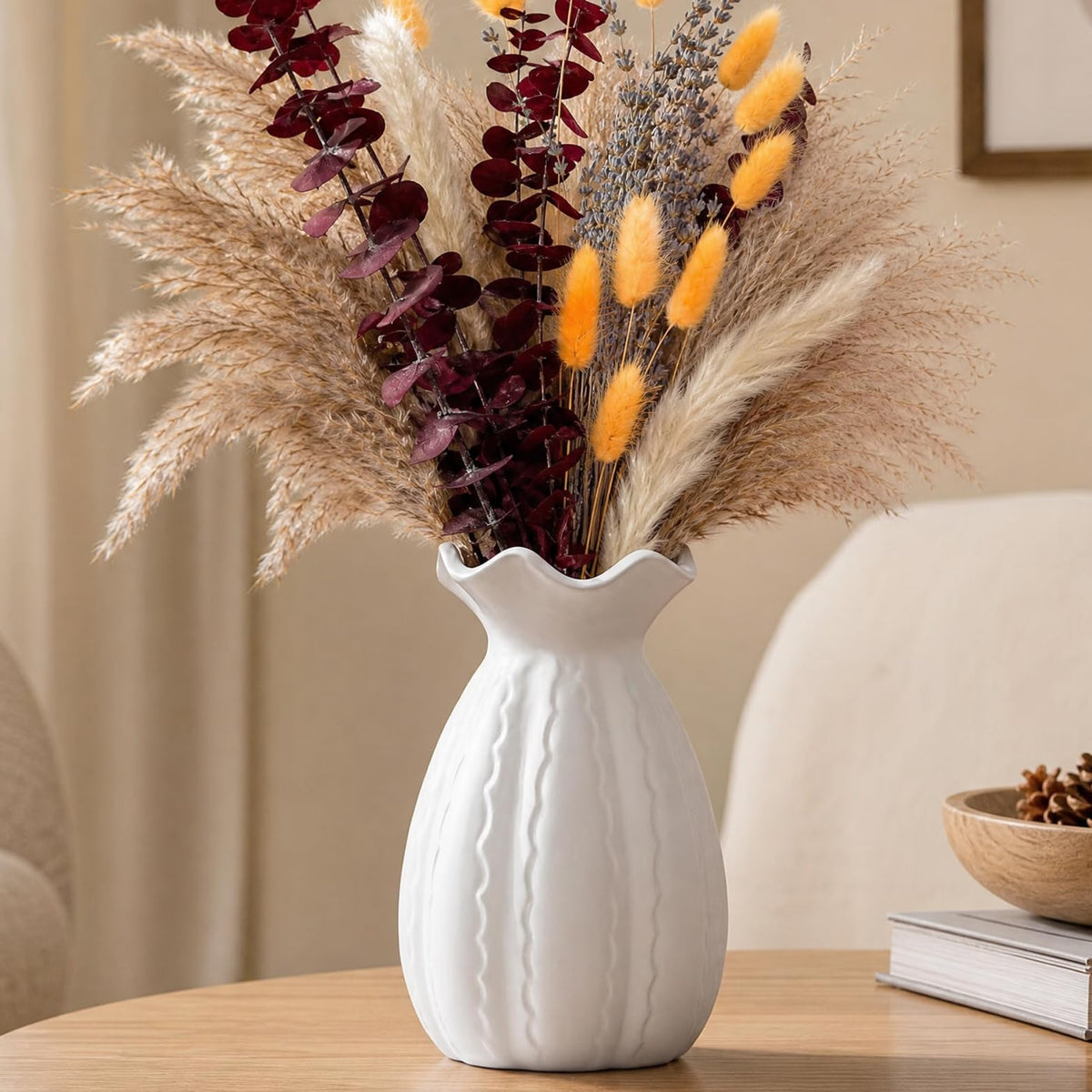 White Ceramic Vase for Flowers, 10 Inch Ruffled Vase for Home Decor Gift