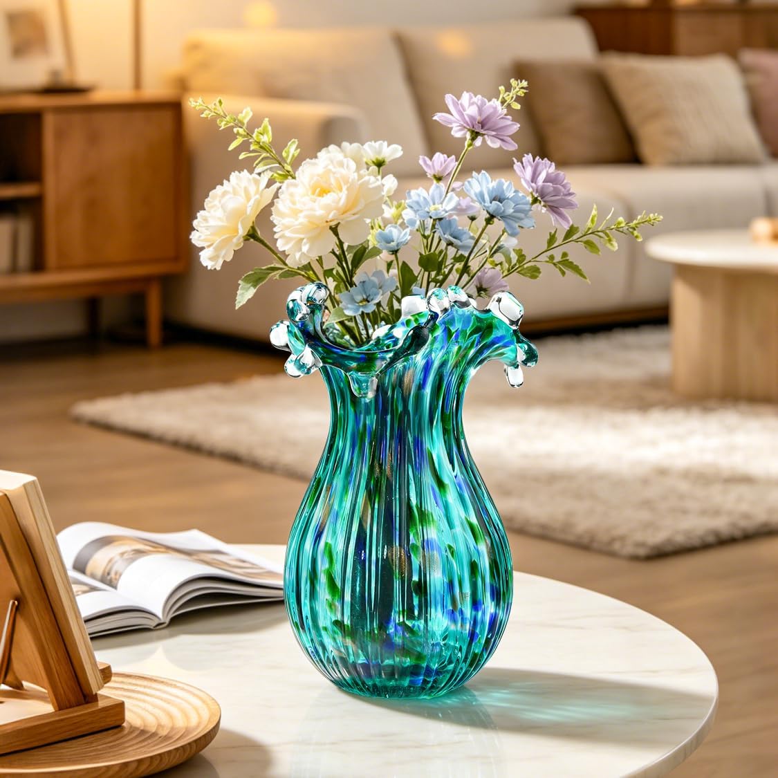 9 inch Tall Green Glass Vases for Flowers, Unique Hand Blown Glass Flower Vase, Large Turquoise Glass Home Table Centerpiece for Floral Bouquet Decorations