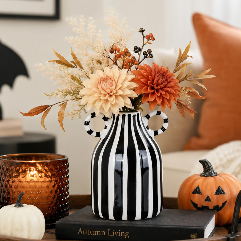 Blue and White Ceramic Vase with Handle, Nordic Boho Small Vases Side Table Flower Centerpiece, Wide Mouth Single Flower Vase Pampas Grass Decorative - for Home Window Sill Living Dining Room Kitchen