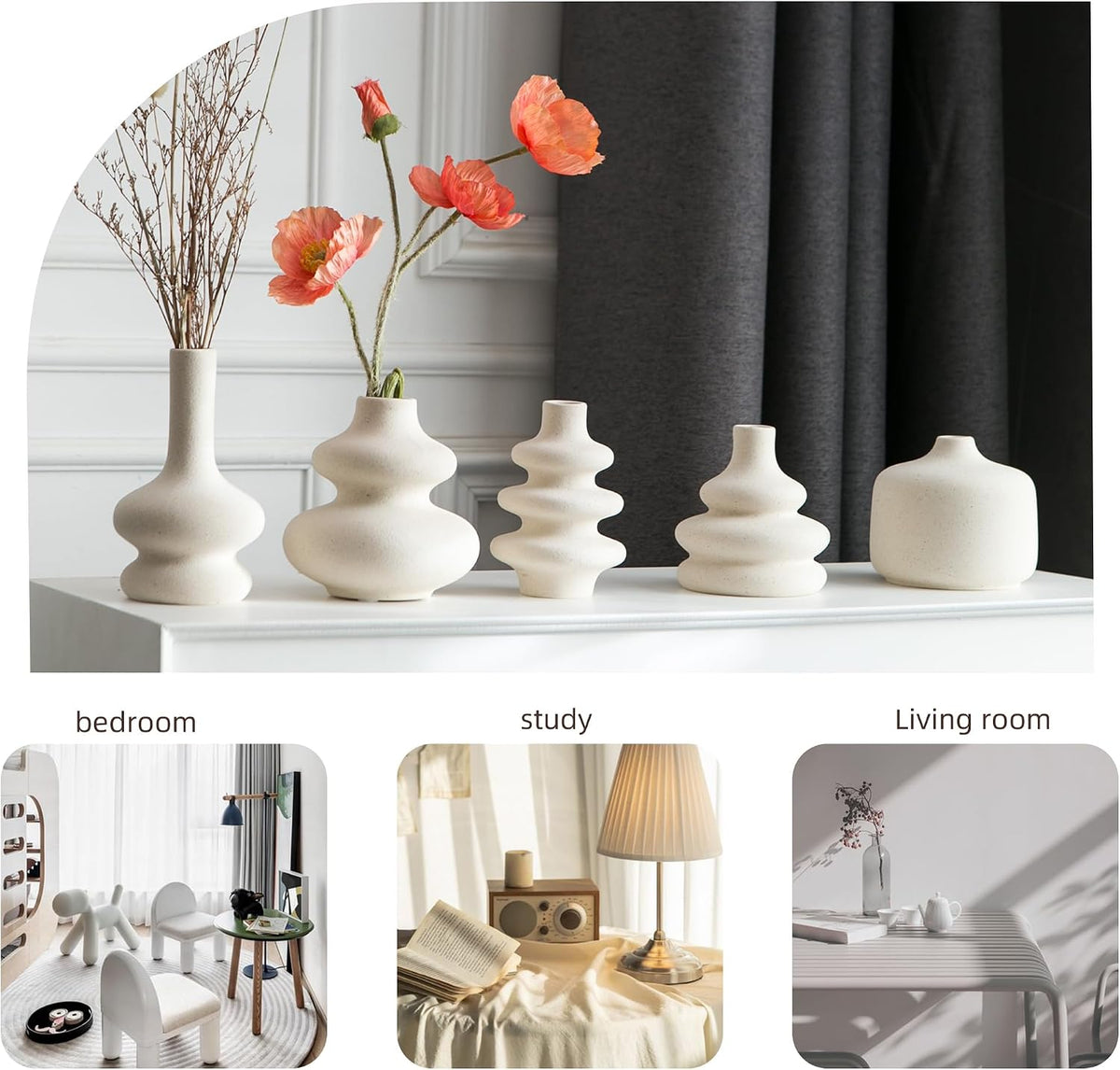 JOJUNO White Bud Vases, Small Ceramic Vase Set of 5 Modern Home Decor
