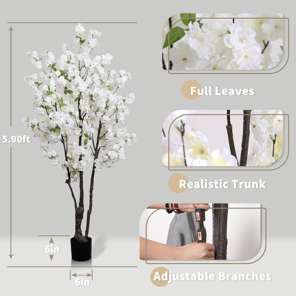 Artificial White Cherry Blossom Tree 6ft(72in) Faux Plant for Indoor Decor