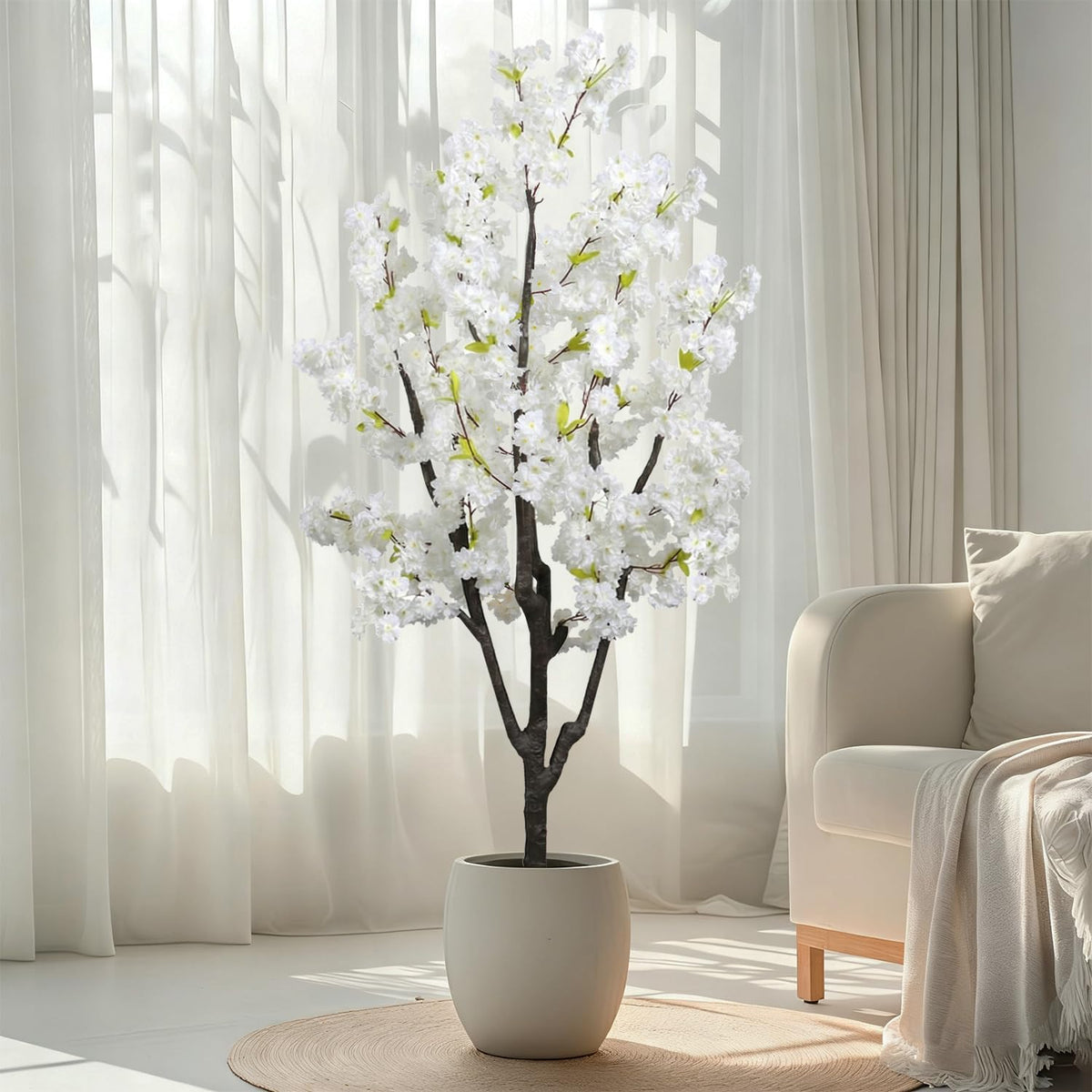 Artificial White Cherry Blossom Tree 6ft(72in) Faux Plant for Indoor Decor