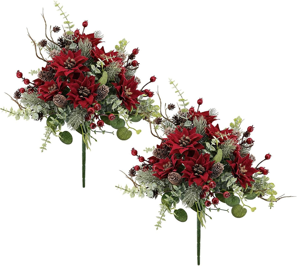 2Pcs Christmas Artificial Flowers Poinsettia Bouquet Winter Décor