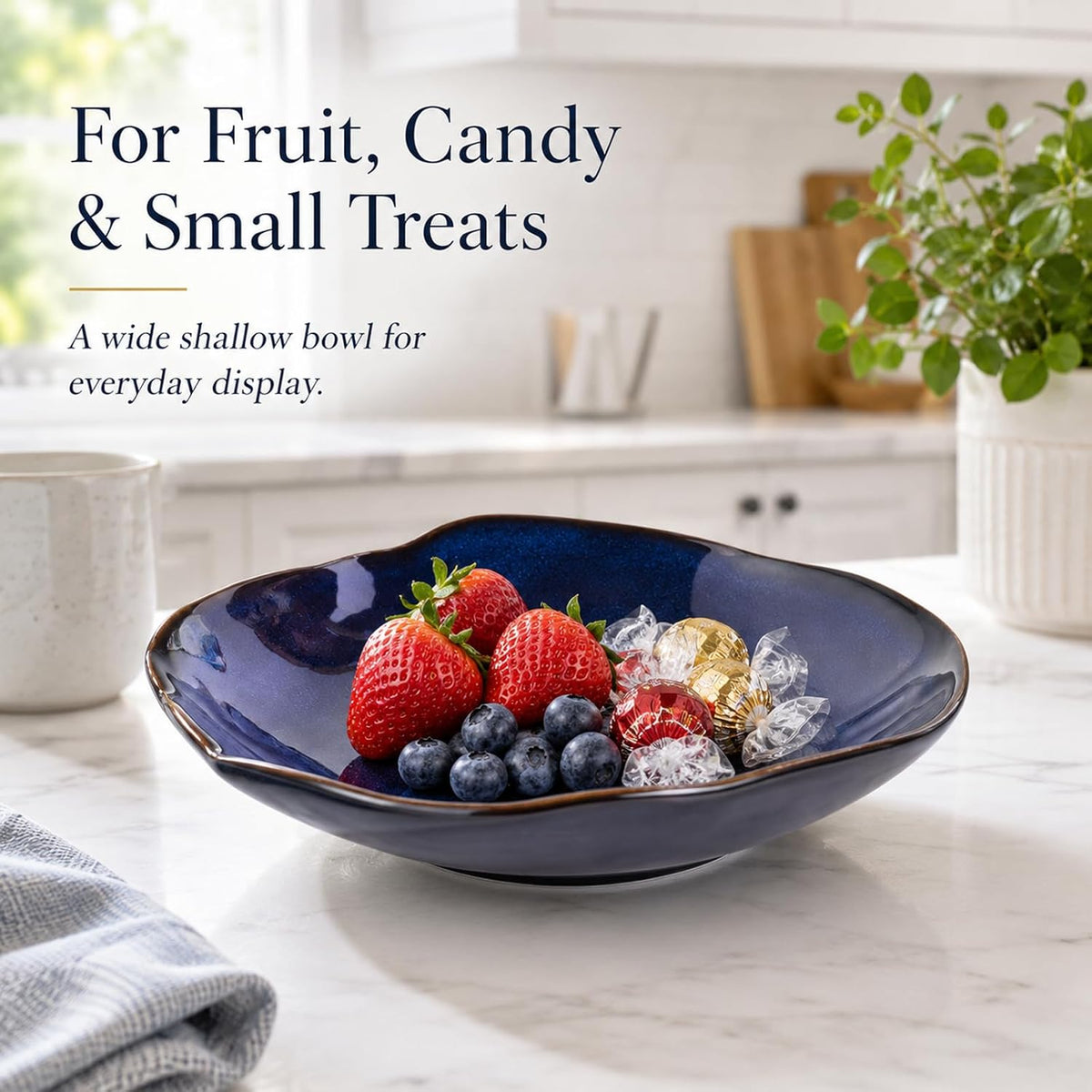 Blue Ceramic Decorative Bowl –10.4" Small Trinket Dish, Fruit Bowl, Candy Dish, Key Bowl for Entryway Table, Jewelry & Ring Dish, Porcelain Catchall Dish for Kitchen, Bedside, Living Room Home Decor