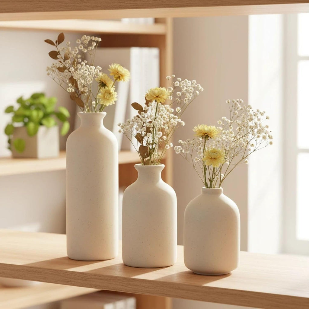 Small Beige Ceramic Vase Set of 3,Modern Boho Farmhouse Flowers Vases